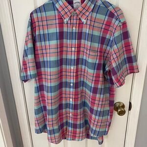 Brooks Brothers L Plaid Button Down Shirt Short Sleeve Cotton Preppy